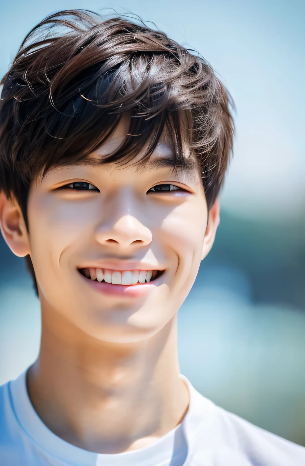 Highest quality, masterpiece, Ultra-high resolution, (Realistic: 1.4), Original photo, wallpaper, Head Photo, skin, Simple Background, Iris, detailed, Selfie, 1 boy, 18-year-old, good looking, Wind,smile,