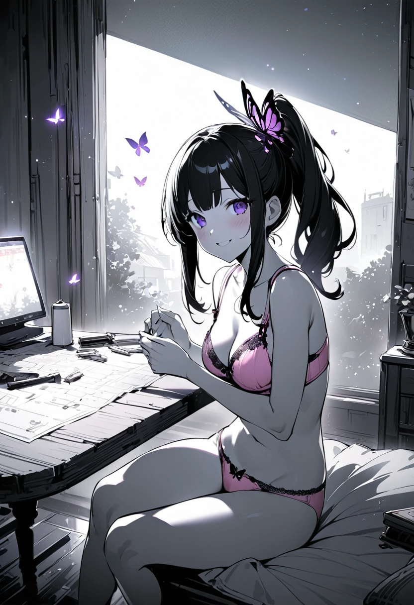 Monochrome, An illustration, Yuri Kanaotsu, Kanao Tsuyuri, Black Hair, butterfly, butterfly hair ornament, (Purple eyes:1.1), Side ponytail, ponytail, smile、blush、、My mouth is empty、Sit on the bed、
Cute pink bra、Cute pink panties、Full Body Shot、
break looking at viewer,
Indoor break, shabby room,
break (Tabletop:1.2), Highest quality, High resolution, unity 8k wallpaper, (shape:0.8), (Beautiful details:1.6), Highly detailed face, Perfect lighting, Extremely detailed CG, (Perfect hands, Perfect Anatomy),