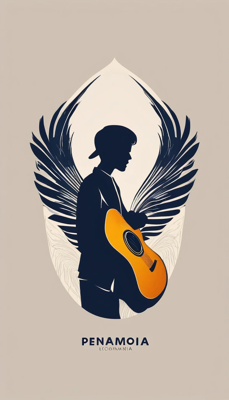 A minimal, modern, simple, cinematic, minimalistic logo design for the brand “Penamemoria". The logo design must be a simple, magical feather and a boy running and holding an acoustic guitar. The logo must convey a sense of music, stories and dreams. Logo design impressed on a book cover. Minimalistic logo
