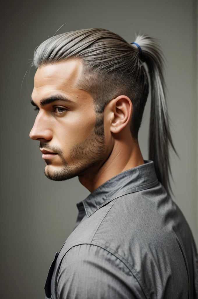 handsome boy gray hair pony tail