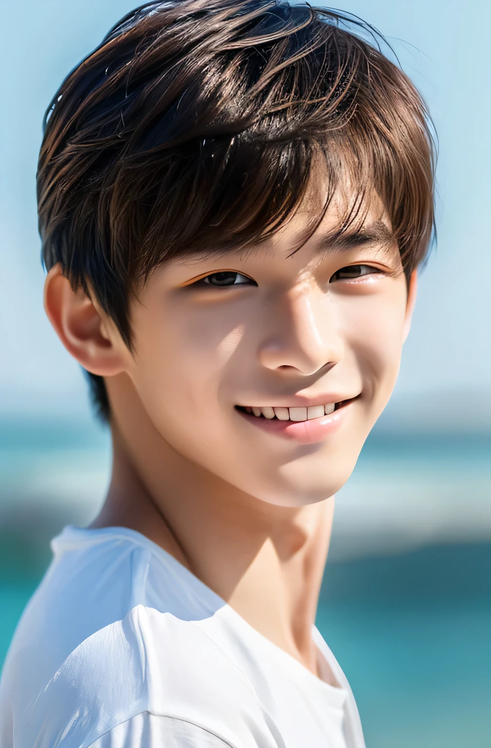 Highest quality, masterpiece, Ultra-high resolution, (Realistic: 1.4), Original photo, wallpaper, Head Photo, skin, Simple Background, Iris, detailed, Selfie, 1 boy, 18-year-old, good looking, Wind,smile,