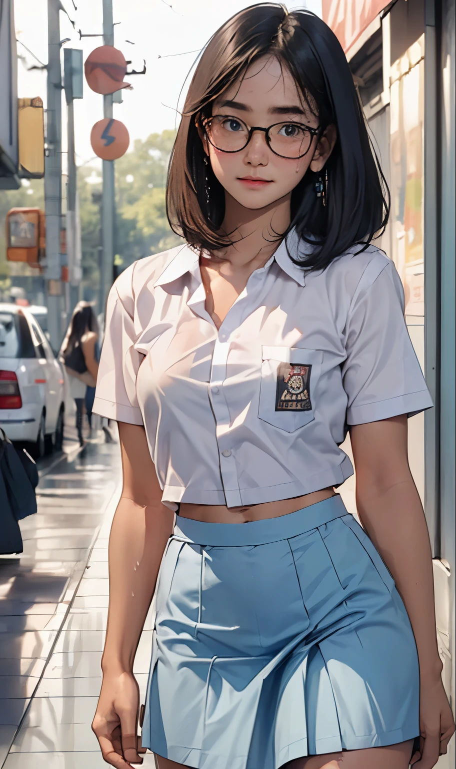 18 years old girl, (((at park))), (transparent white shirt), (wet shirt), (mini skirt), (light blue skirt), RAW photo, (photorealistic:1.37, realistic), highly detailed CG unified 8K wallpapers, 1girl, ((slender body:1)), (small breasts:1.3), looking at viewer, ((straight from front)), (HQ skin:1.2), (clean skin:1.2), 8k uhd, dslr, soft lighting, high quality, film grain, Fujifilm XT3, (full body:0.8) , tokyolagii , (bold glasses), full body in, perfect body, two legs, long legs, naval, (wide waist:1.2), (big tigh:1.3), (cleavage:0.8), sad, blushing