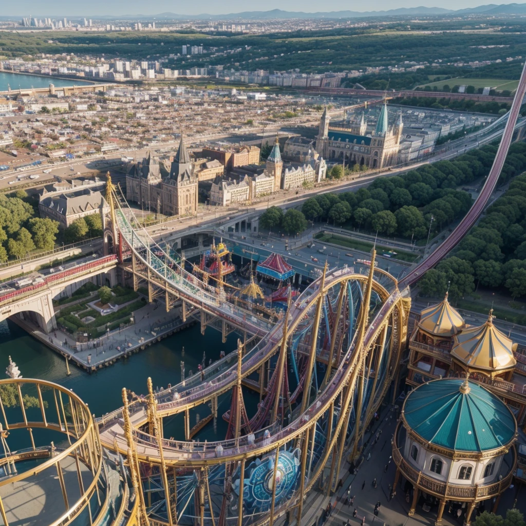 Make a charming city in high definition .
 act as if she were being seen from above .
Do it without putting people in the photo Put a giant round of amusement park 