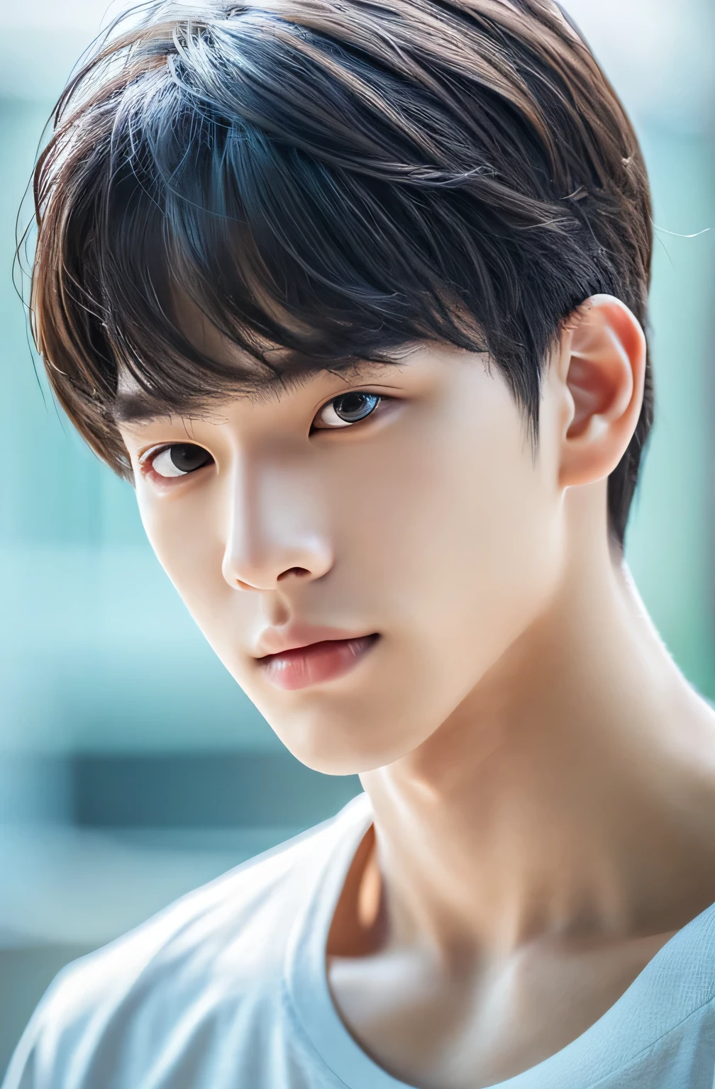 Highest quality, masterpiece, Ultra-high resolution, (Realistic: 1.4), Original photo, wallpaper, Head Photo, skin, Simple Background, Iris, detailed, Selfie, 1 boy, 18-year-old, good looking, Wind,Single eyelid、Slit eyes