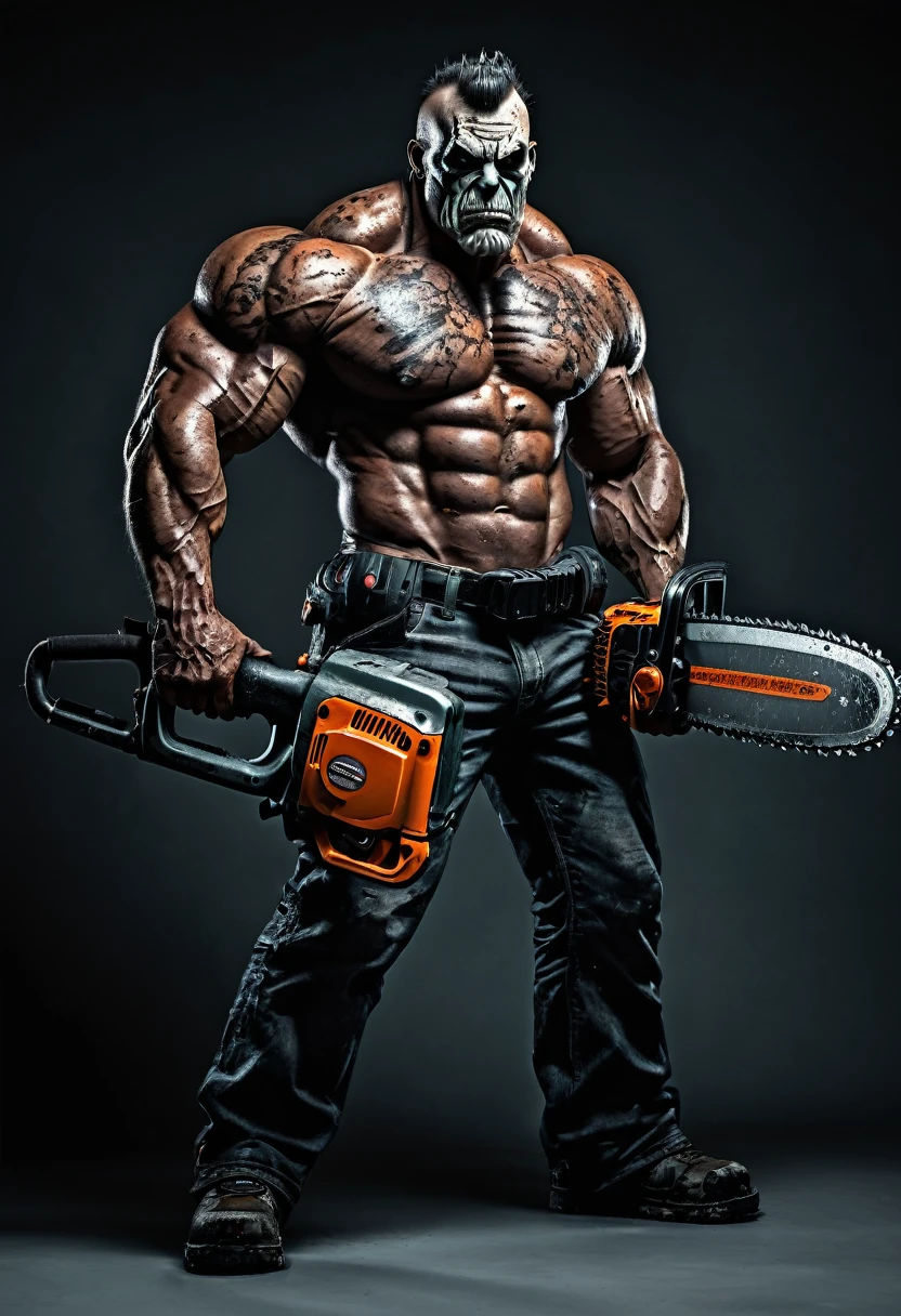 Zombie, strong body, muscle size, villain, heavy chainsaw hand, full body, full body view,