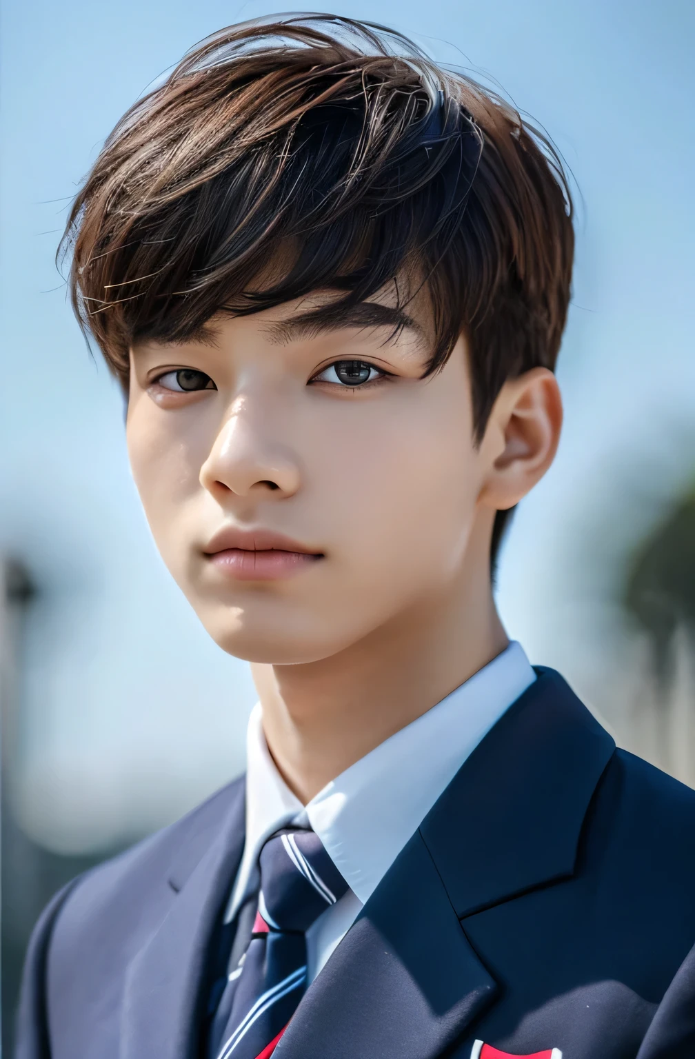 Highest quality, masterpiece, Ultra-high resolution, (Realistic: 1.4), Original photo, wallpaper, Head Photo, skin, Simple Background, Iris, detailed, Selfie, 1 boy, 18-year-old, good looking, Wind,uniform