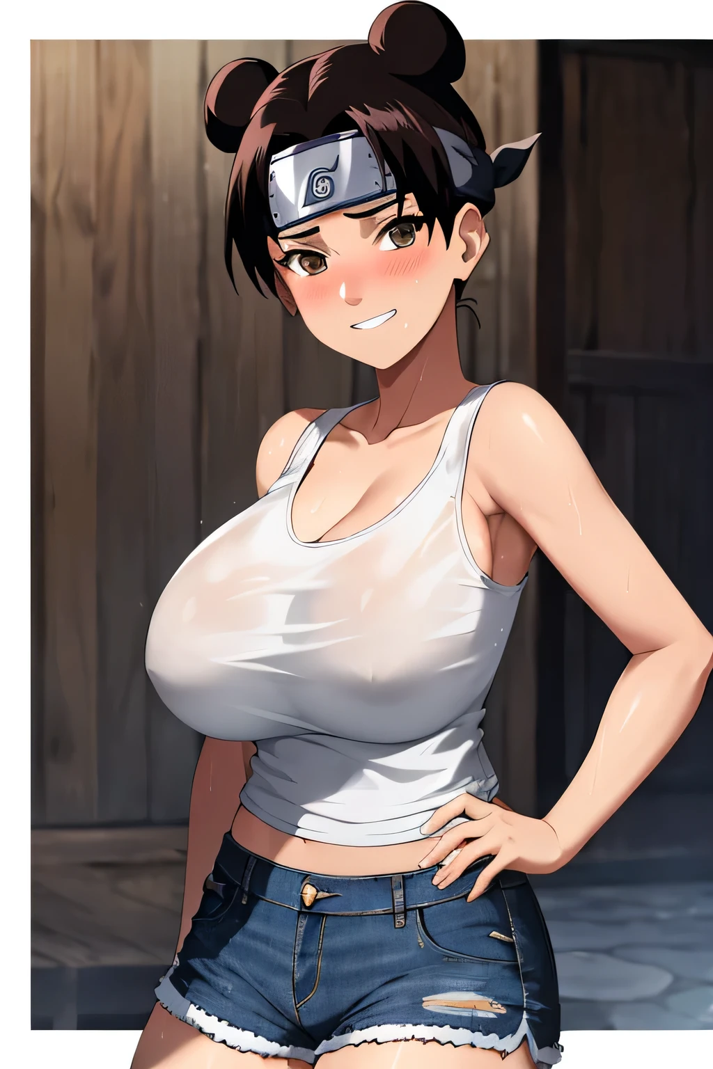 masterpiece, absurdres , (intricate details), (colorful),cinematic lighting,bust shot,extremely detailed CG unity 8k wallpaper,tenten\(shippuden\), 1girl, solo, ((tank top, denim shorts)), (Very Big breasts), hand on hip, forehead protector, Wet Clothes,konohagakure symbol, headband, looking at viewer, (village street), charming smile, ((slim waist)), ((blushing)), armpit, full body