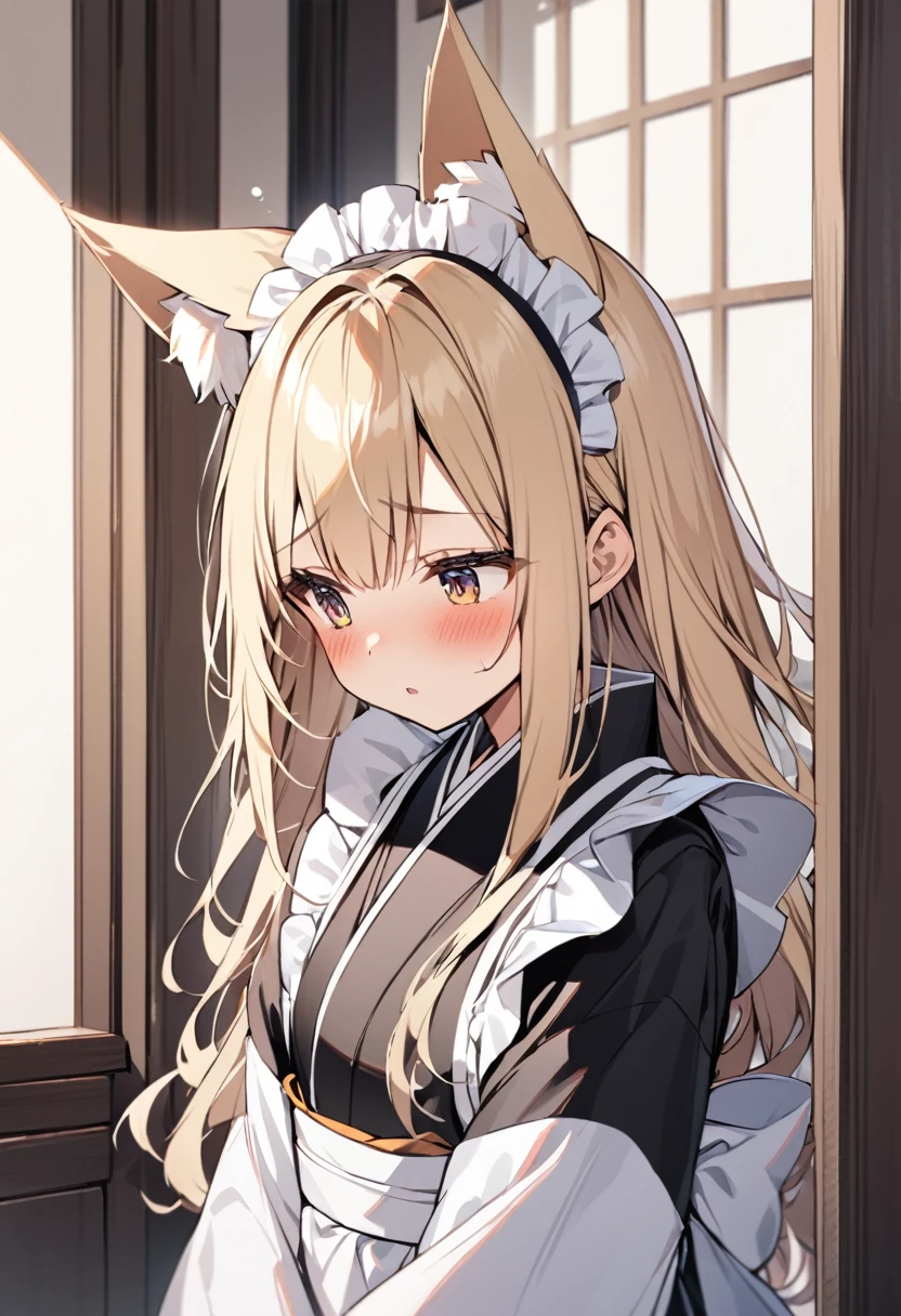 One girl, correct, Animal ears, Blonde, Fox Ears, Long Hair, blush, alone, kimono, Maid&#39;s Headdress, Yellow Eyes, White Background, Hair between the eyes, Young Girl,[[[Realistic]]],Shiny,Shiny skin,fox-hirume,An unparalleled masterpiece,Intricate details, One girl,キツネのYoung Girl,Fox Ears,Blonde,narrow,correct,kimono,kimono,Shrine maiden,Ofuda, (Very small breasts:1.2), ,Multiple tails,Yellow Eyes, night, A big smile,