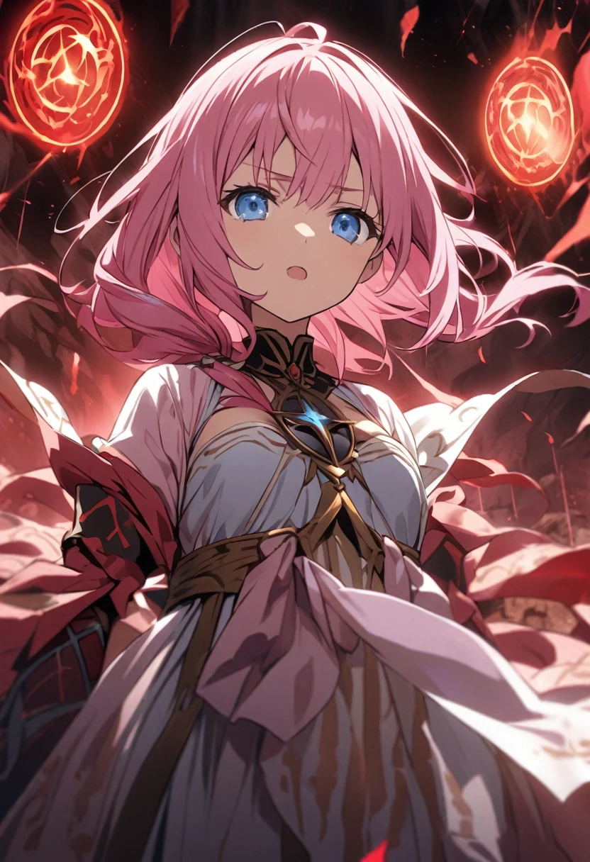 A scene from a movie、Upper Body、be reminded of、omen、prophecy、Girl with pink hair、blue eyes、Twin Drill