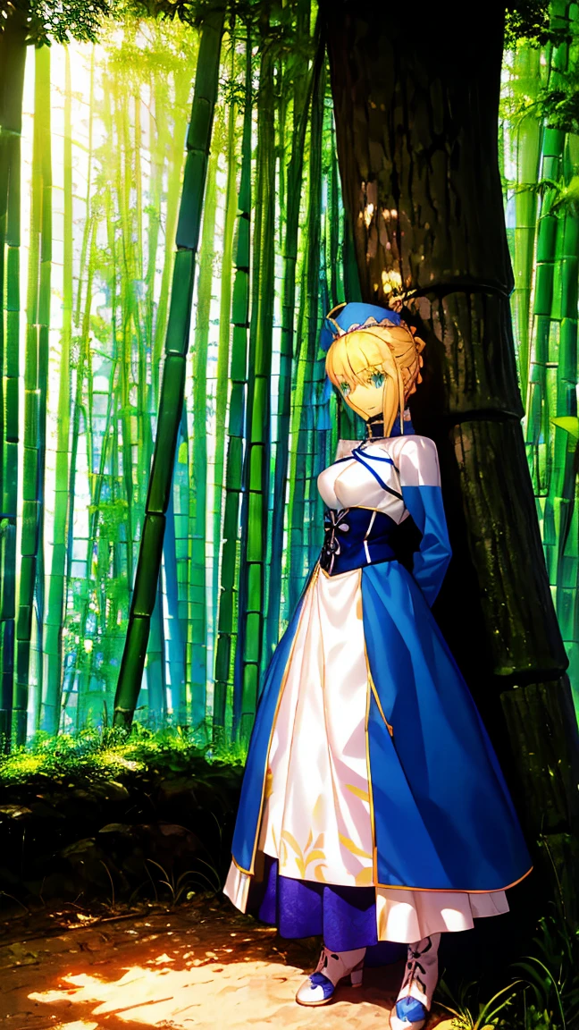 bamboo_hat,artoria pendragon \(fate\), blue clothes, blue kebaya, white long skirt, artoria pendragon (fate), saberface, (blonde), ((dark skin)), small breasts, round eyewear, green eyes, solo, standing, full-body shot, Southeast Asian forest background, steamy