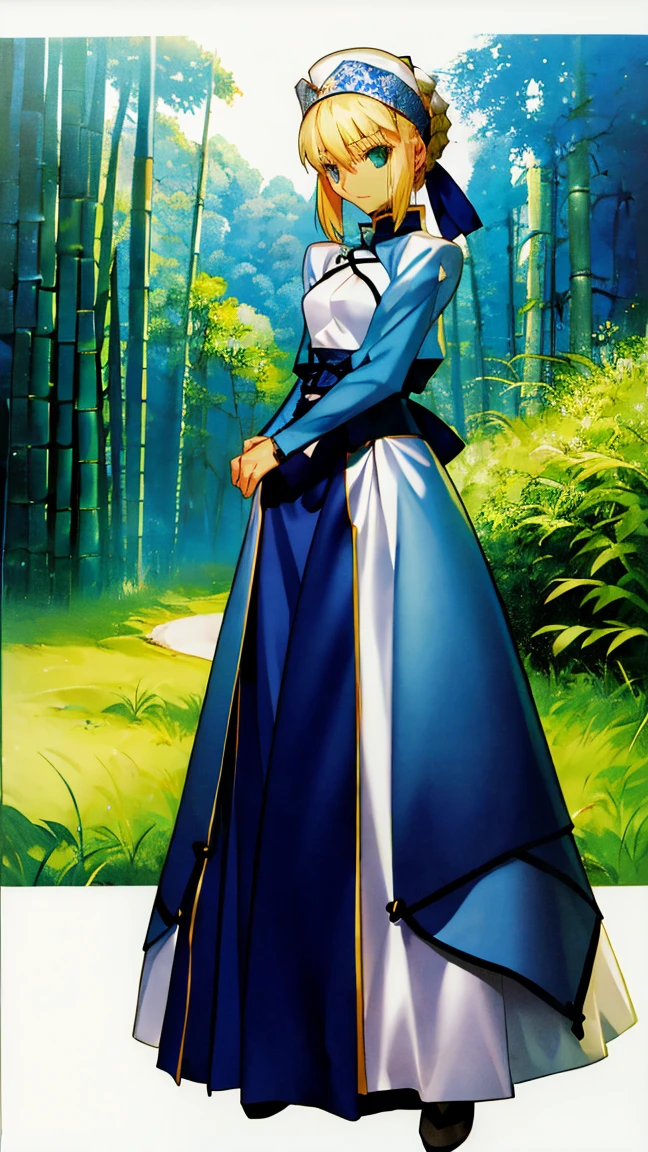 bamboo_hat,artoria pendragon \(fate\), blue clothes, blue kebaya, white long skirt, artoria pendragon (fate), saberface, (blonde), ((dark skin)), small breasts, round eyewear, green eyes, solo, standing, full-body shot, Southeast Asian forest background, steamy