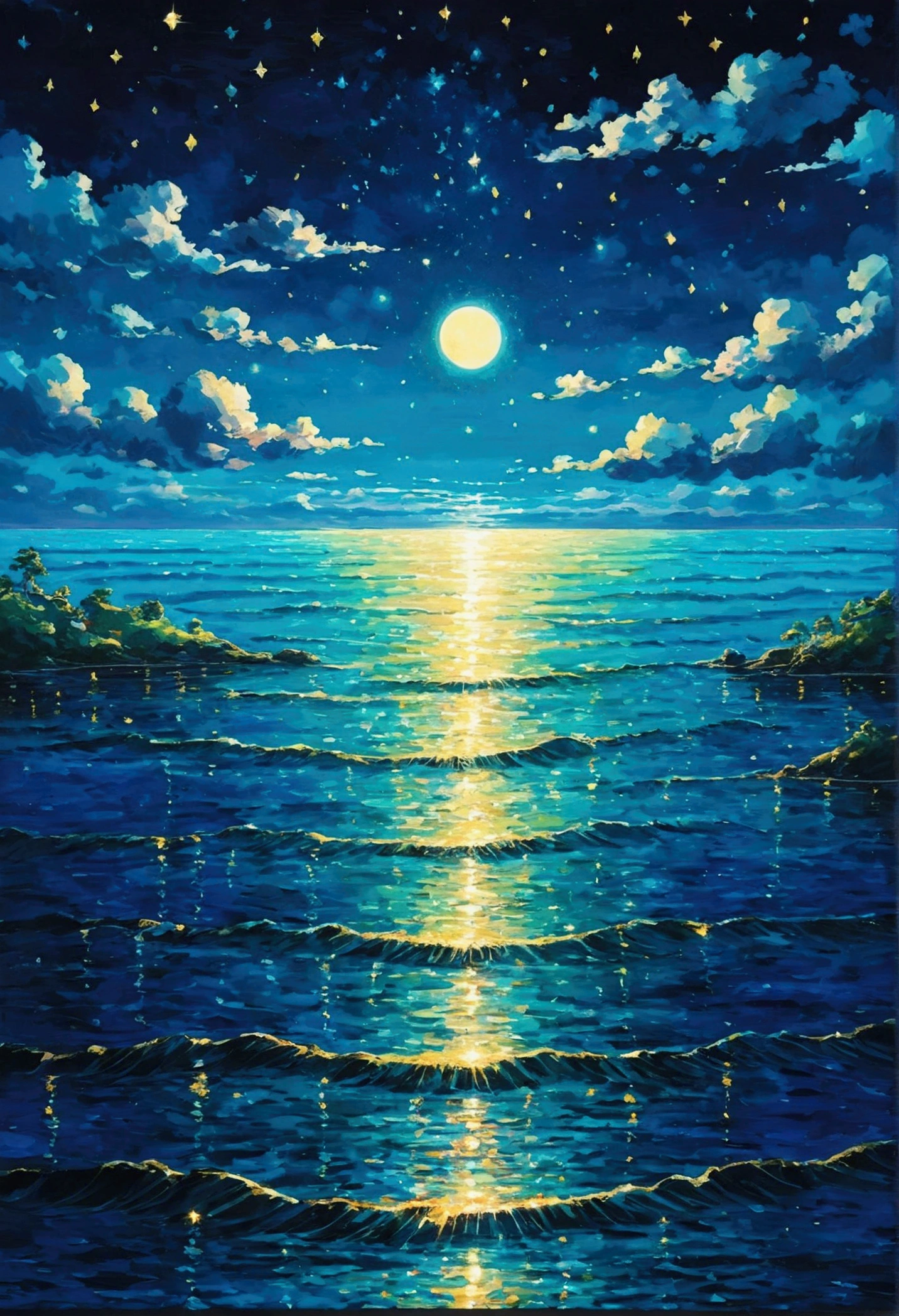 Ghibli Summer Night Ocean horizontal line Beautiful sparkle
