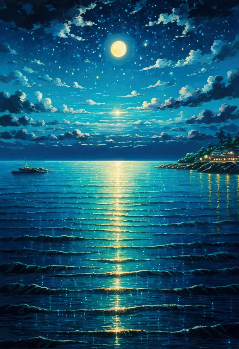 Ghibli Summer Night Ocean horizontal line Beautiful sparkle