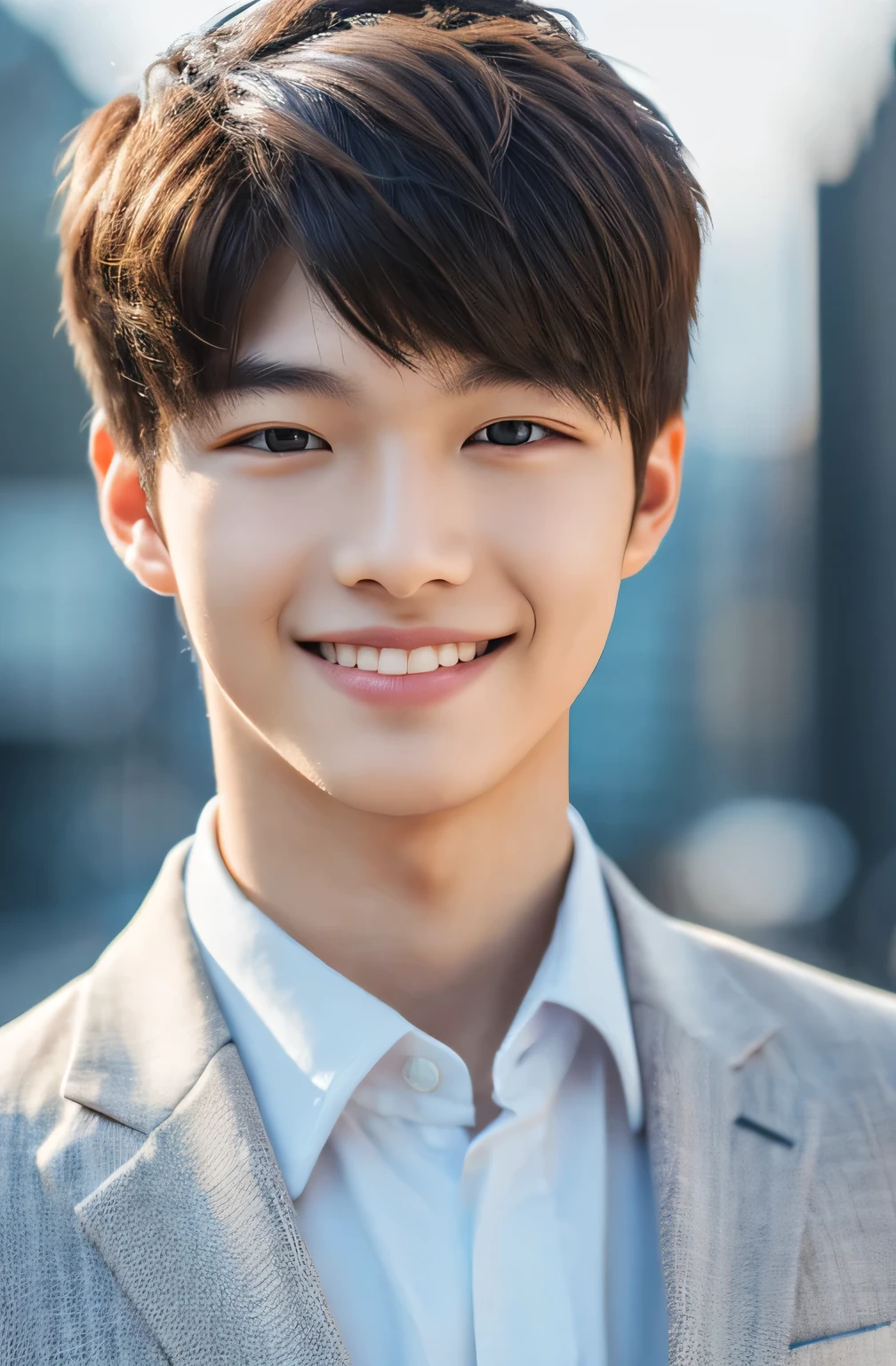 Highest quality, masterpiece, Ultra-high resolution, (Realistic: 1.4), Original photo, wallpaper, Head Photo, skin, Simple Background, Iris, detailed, Selfie, 1 boy, 18-year-old, good looking, Wind,suit,smile