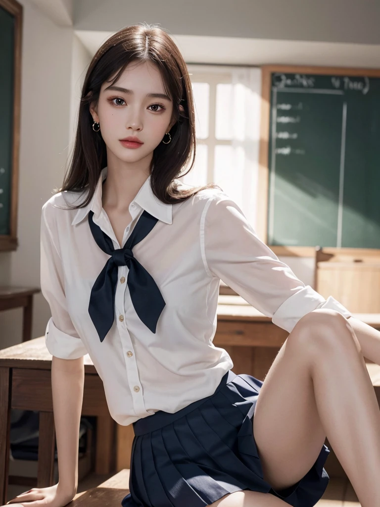 absurdres, RAW photo, extremely delicate and beautiful, masterpiece, Best Quality, ultra high resolution, 32k, hyperrealistic, ultra-detailed, perfect anatomy, super Detailed skin, perfect figure, Super Beauty, Perfect Style, Perfect balance, Beautiful Lighting, Perfect Lightning, Realistic Shadows, 20 years old, very Slim body, narrow waist, very small head, very small face, delicate facial features, handsome detailed woman, very detailed eyes and face, realistic face proportions, Realistic beautiful face, Realistic beautiful eyes, tearful mole, earring, very huge round breasts, legs, medium hair, asymmetrical hair, whole body shot, indoor, short skirt, ((school uniform)),