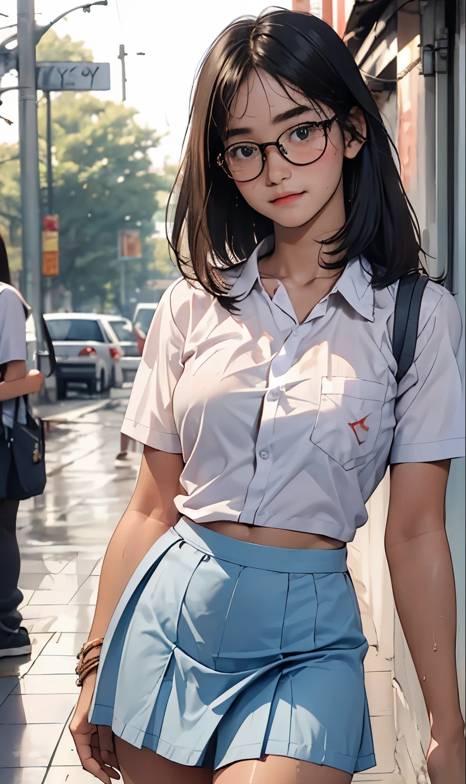 18 years old girl, (((at park))), (transparent white shirt), (wet shirt), (mini skirt), (light blue skirt), RAW photo, (photorealistic:1.37, realistic), highly detailed CG unified 8K wallpapers, 1girl, ((slender body:1)), (small breasts:1.3), looking at viewer, ((straight from front)), (HQ skin:1.2), (clean skin:1.2), 8k uhd, dslr, soft lighting, high quality, film grain, Fujifilm XT3, (full body:0.8) , tokyolagii , (bold glasses), full body in, perfect body, two legs, long legs, naval, (wide waist:1.2), (big tigh:1.3), (cleavage:0.8), sad, blushing