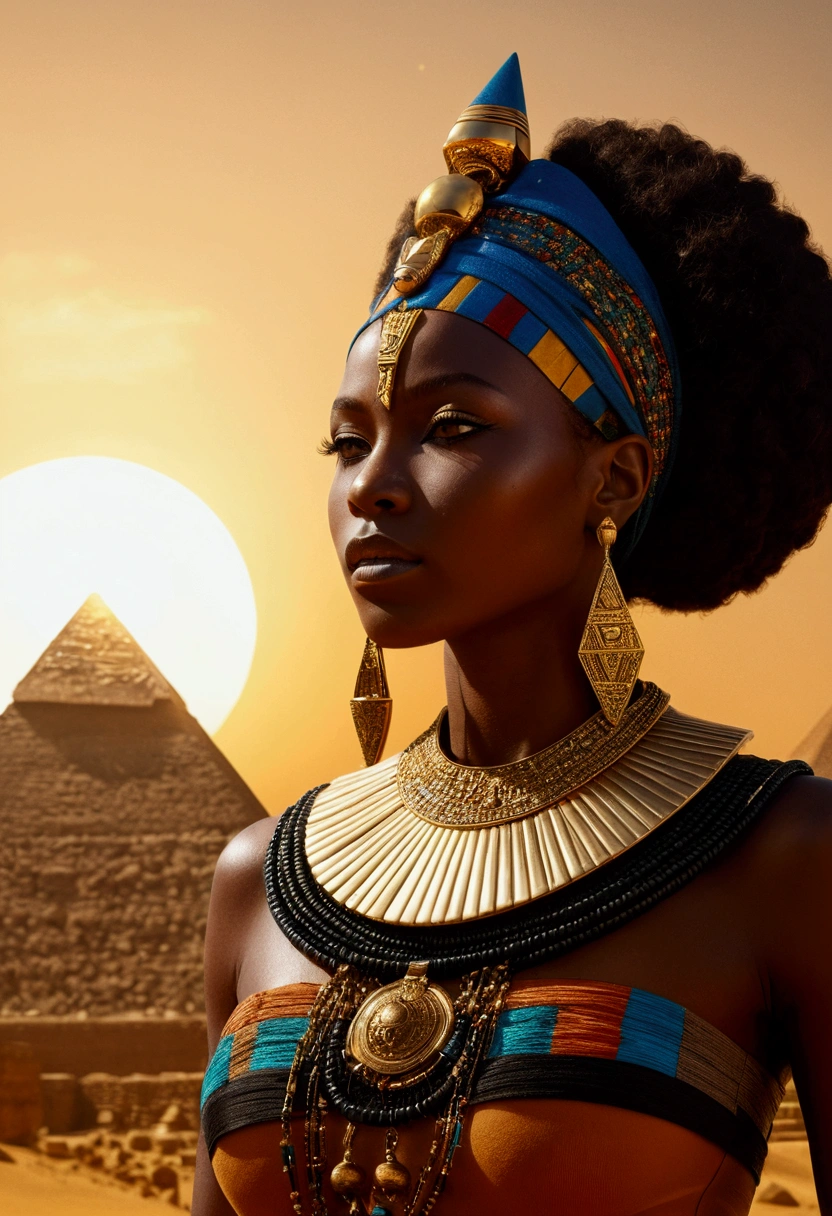 Queen of Kemet, black skin woman, lots of jewelry, in the background pyramids, surreal 8K, Perfect artwork, super detaill, best qualityer, 4K wallpaper aesthetic masterpiece, master part, award winning artwork, offcial art, cinematic lighting