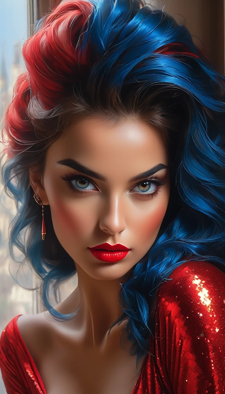 (Highest quality, 4K, 8k, High resolution, masterpiece: 1.2), (Very detailed, Realistic, Realistic:1.37)Seductive girl, Dressed in striking red and blue outfits, Standing in front of the window exuding an air of strength and determination. Her captivating eyes are exquisitely painted, Capture every sparkle and depth, Her lips are captivating and beautiful.. The attention to detail extends to the entire face., Each contour and feature is perfectly and meticulously rendered., Create a sense of hyper-realism that draws your audience in. 

Girls&#39; Clothing, Reminiscent of oil painting, It is a work of art in itself. material, Vivid brushstrokes skillfully expressed, Gives her overall look a dynamic feel. It is truly a reflection of the artist&#39;s talent., Show off your skilled techniques, (Browsing Caution:1.5), Bun hairstyle, Beautiful nipples