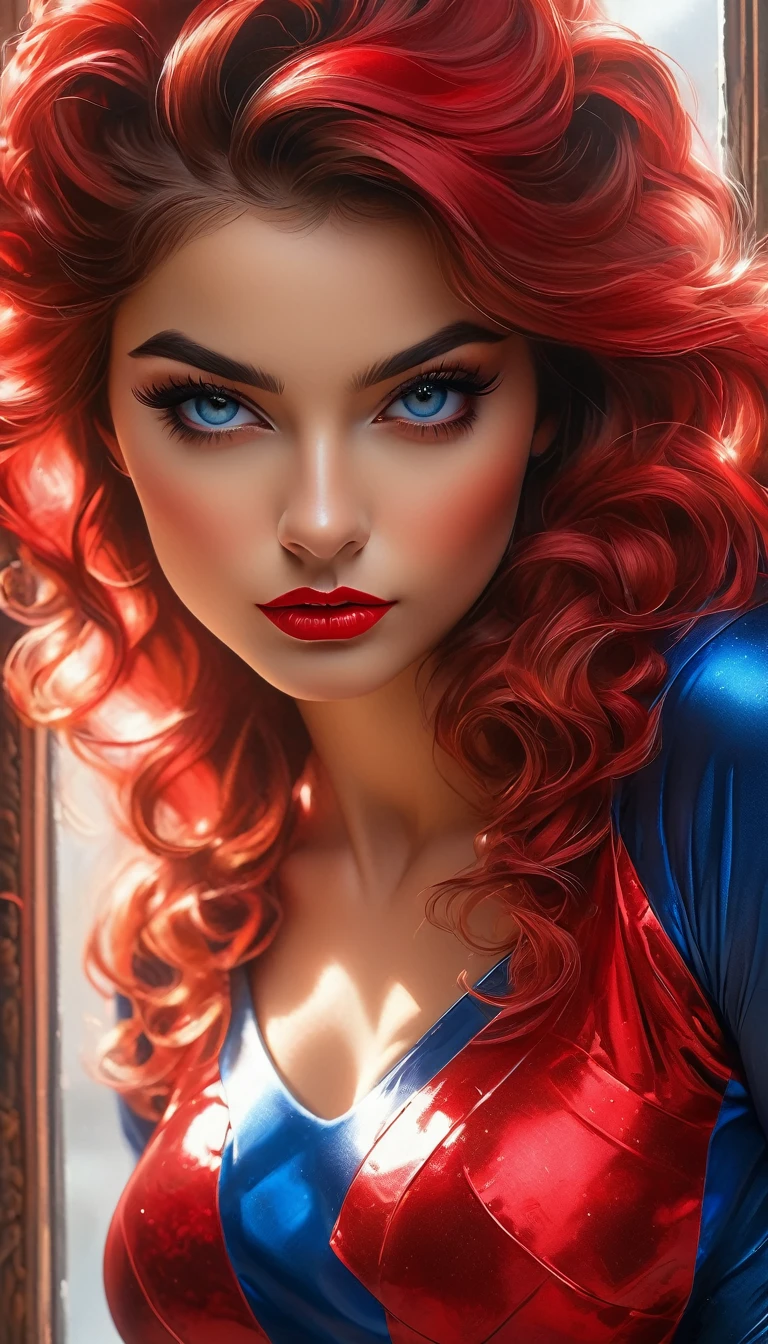 (Highest quality, 4K, 8k, High resolution, masterpiece: 1.2), (Very detailed, Realistic, Realistic:1.37)Seductive girl, Dressed in striking red and blue outfits, Standing in front of the window exuding an air of strength and determination. Her captivating eyes are exquisitely painted, Capture every sparkle and depth, Her lips are captivating and beautiful.. The attention to detail extends to the entire face., Each contour and feature is perfectly and meticulously rendered., Create a sense of hyper-realism that draws your audience in.
Girls' Clothing, Reminiscent of oil painting, It is a work of art in itself. material, Vivid brushstrokes skillfully expressed, Gives her overall look a dynamic feel. It is truly a reflection of the artist's talent., Show off your skilled techniques, (Browsing Caution:1.5), Bun hairstyle, Beautiful nipples