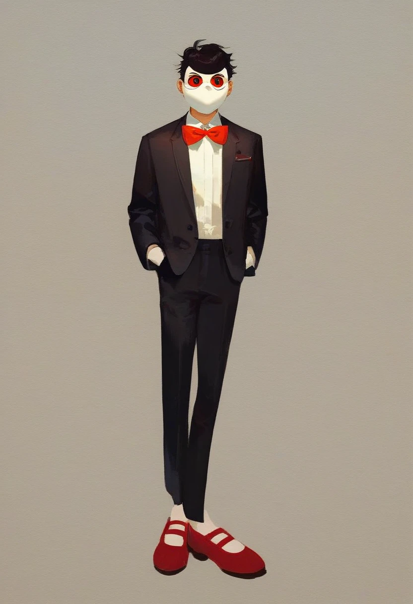 billy, 1boy, solo, full body white mask, red cheeks, black tuxedo with a white shirt and gloves, red bow tie, red handkerchief in the breast pocket, red Mary Janes, red eyes, black sclera, red lips, long black hair, small, short, white gloves