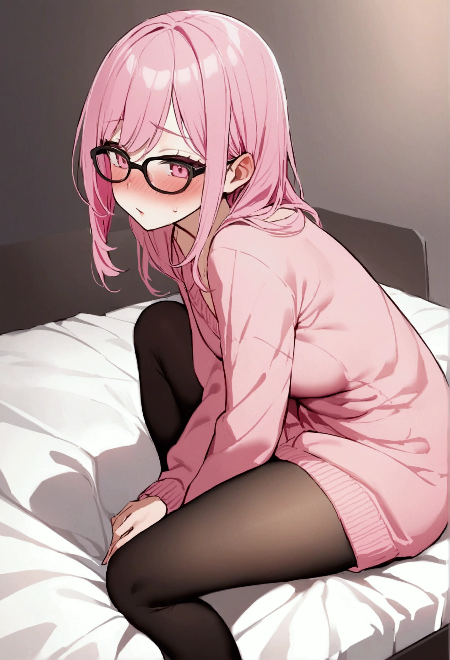 pink hair black glasses pink eyes extremely blushing a big pink sweater naked black stockings that she is a reserved girl her bed that she is on her knees touching the butt of her vagina they make semen