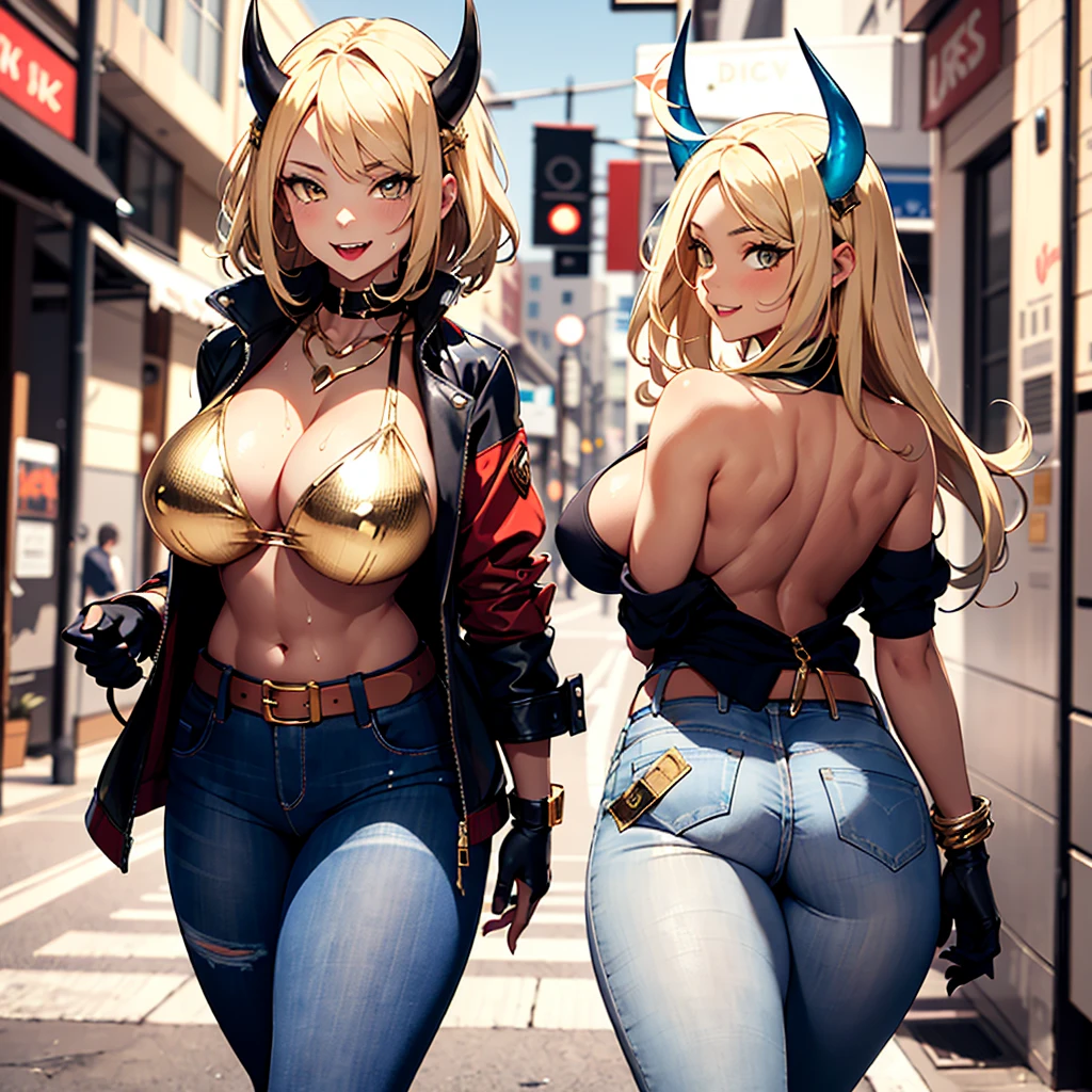 ((best quality)), ((masterpiece)), (detailed), 1girl, one girl, 8k_wallpaper, extremely detailed eyes, extremely detailed body, beautiful face, perfect face, detailed ((blonde hair)), (gold eyes), (( big blue horns)), {{dark skin}}, ({dark skinned female}), gigantic breasts, thick thighs, strong arm and leg muscles, strong abdominal muscles, Korean women pornstar, bisnes women, a predatory mischievous smile with fangs, a vulgar smile, a playful look, style - a hot rock girl, a dark red open jacket with rolled up sleeves, a belt of yellow silk and gold chains, gold bracelets and leather short gloves, short denim mini shorts through which the outlines of a wet woman appear pussy, a rock guitar hanging behind his back, walking down the street of the evening city,