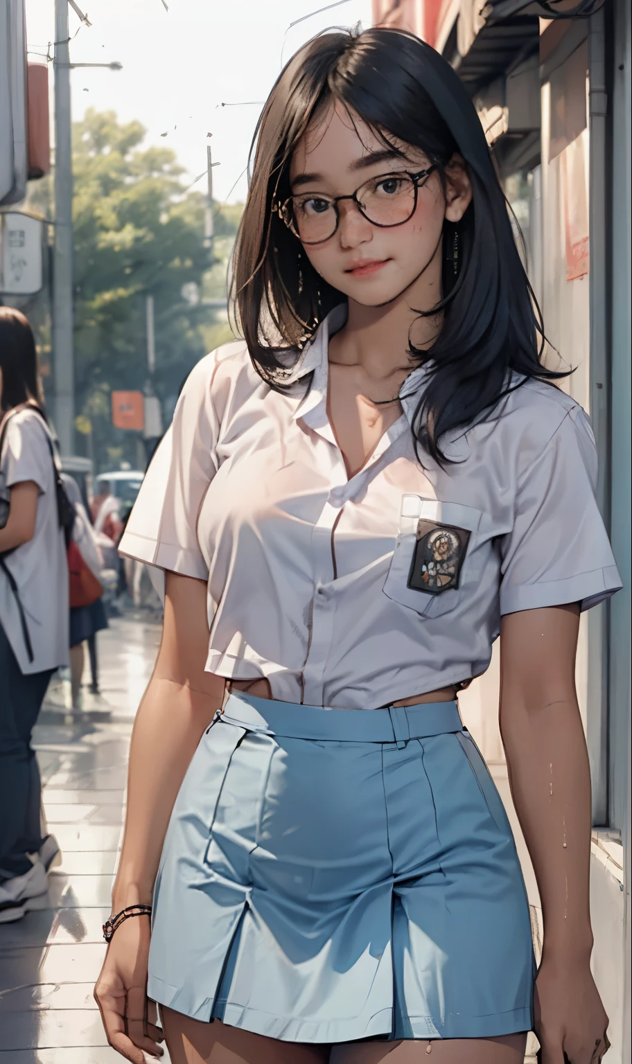 18 years old girl, (((at park))), (transparent white shirt), (wet shirt), (mini skirt), (light blue skirt), RAW photo, (photorealistic:1.37, realistic), highly detailed CG unified 8K wallpapers, 1girl, ((slender body:1)), (small breasts:1.3), looking at viewer, ((straight from front)), (HQ skin:1.2), (clean skin:1.2), 8k uhd, dslr, soft lighting, high quality, film grain, Fujifilm XT3, (full body:0.8) , tokyolagii , (bold glasses), full body in, perfect body, two legs, long legs, naval, (wide waist:1.2), (big tigh:1.3), (cleavage:0.8), sad, blushing