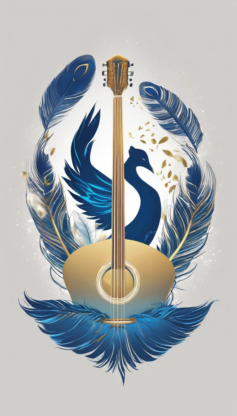Create a cinematic, abstract symbol for a storytelling production brand based on stories and dreams called " Penamemoria". The logo should convey a fantasy theme and include the company of a boy and a feather. Fantastic, memorable, poetic, dreamy, sitting against a tree and playing guitar to a fantastic, unique, poetic white-blue-golden feather.
