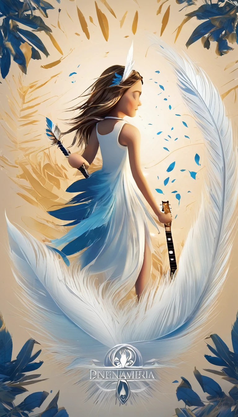 Create a cinematic, abstract symbol for a storytelling production brand based on stories and dreams called " Penamemoria". The logo should convey a fantasy theme and include the company of a boy and a feather. Fantastic, memorable, poetic, dreamy, sitting against a tree and playing guitar to a fantastic, unique, poetic white-blue-golden feather.