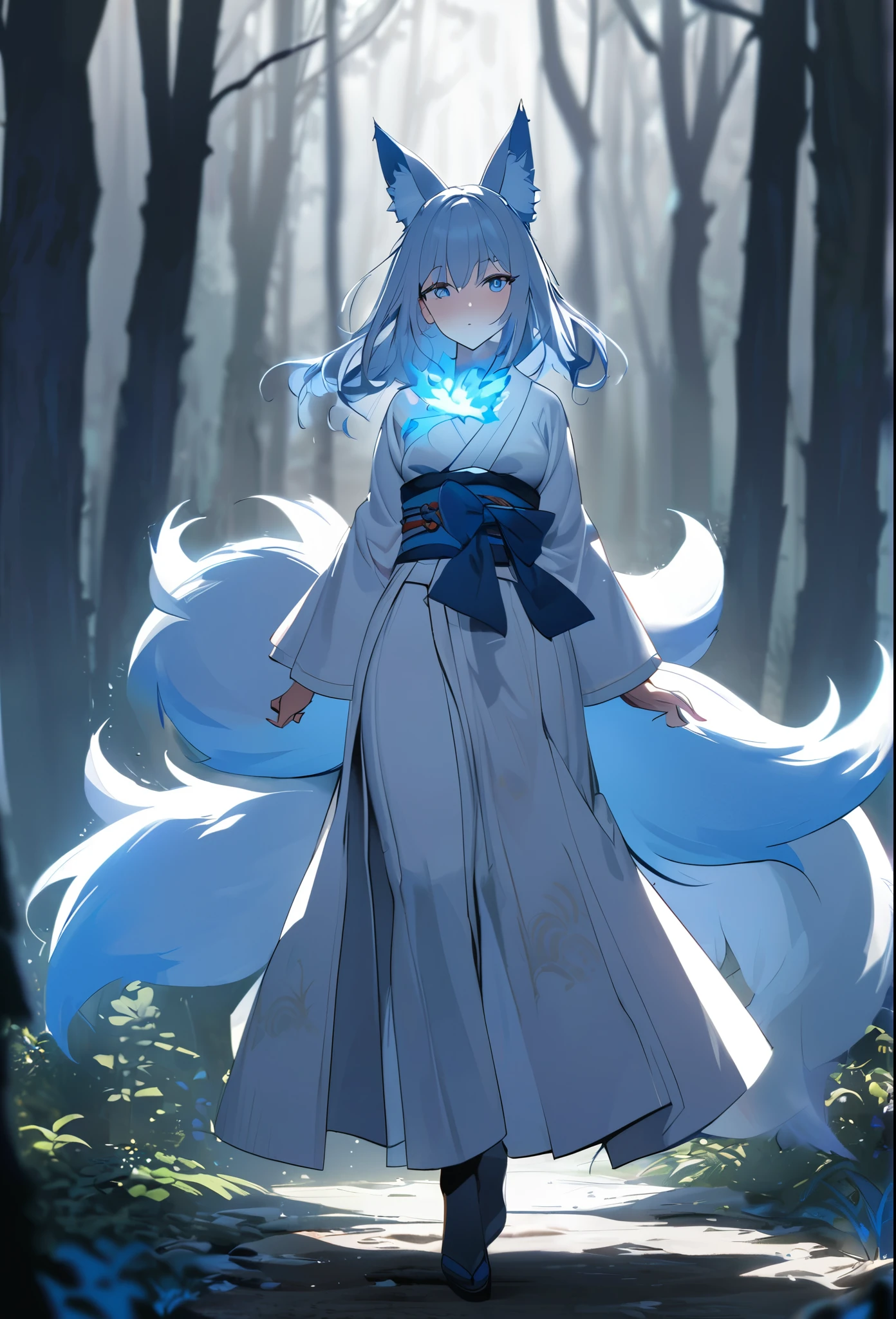 Masterpiece, Extremely detailed, , close distance shot, (A beautiful kitsune woman walking in a rainy forest holding a small ball of blue fire), facing viewer, dynamic pose , fox ears, nine fox tails, traditional Japanese clothing. 