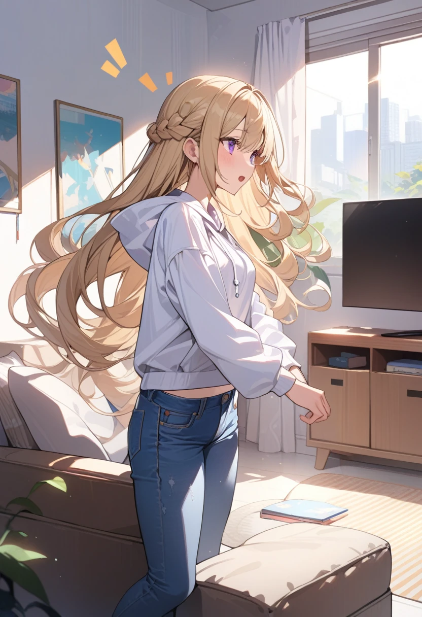 masterpiece, best quality, extremely detailed, ultra detailed, flat anime, 2D,
1girl, (young adult:1.2),blonde hair, (semi-long hair:1.2), curly hair, french braid, medium breasts, purple eyes, tsurime, height 1.7meters,
white hooded sweatshirt, jeans,bracelet, long sleeves,socks,
open mouth,notice,looking away,
upper body, (dynamic:1.2),
summer, livingroom, 12AM., standing