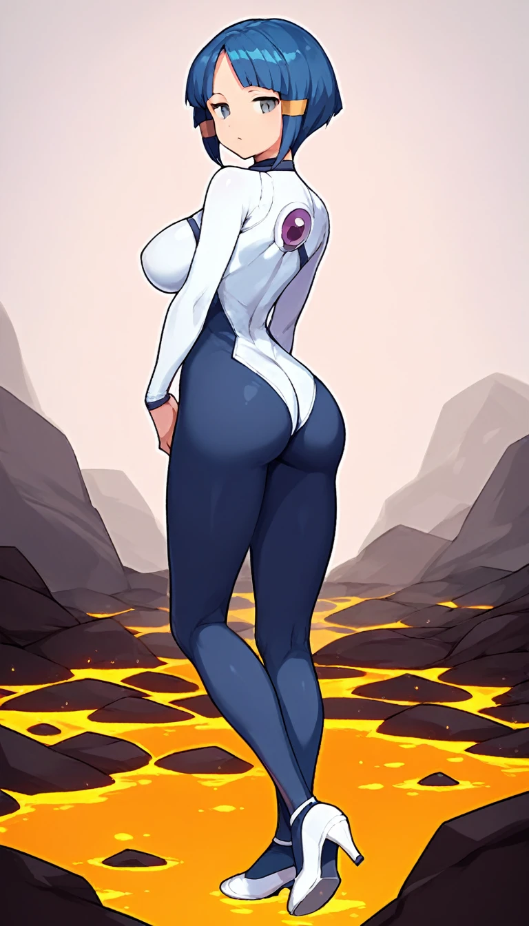 best quality,ultra detailed,solo,score_9, score_8_up, score_7_up, score_6_up, score_5_up, score_4_up, source_anime, 1girl, clara, blue hair, hair tubes, grey eyes, bodysuit,big breasts, sexy pose, (behind view,portrait),full body, standing on lava,heavenly ass, heavenly breasts, big ass, no shoes, wearing white heels, upset, cute, face, long legs, tight bodysuit, tight sleeves, white bodysuit, half-closed eyes, backside