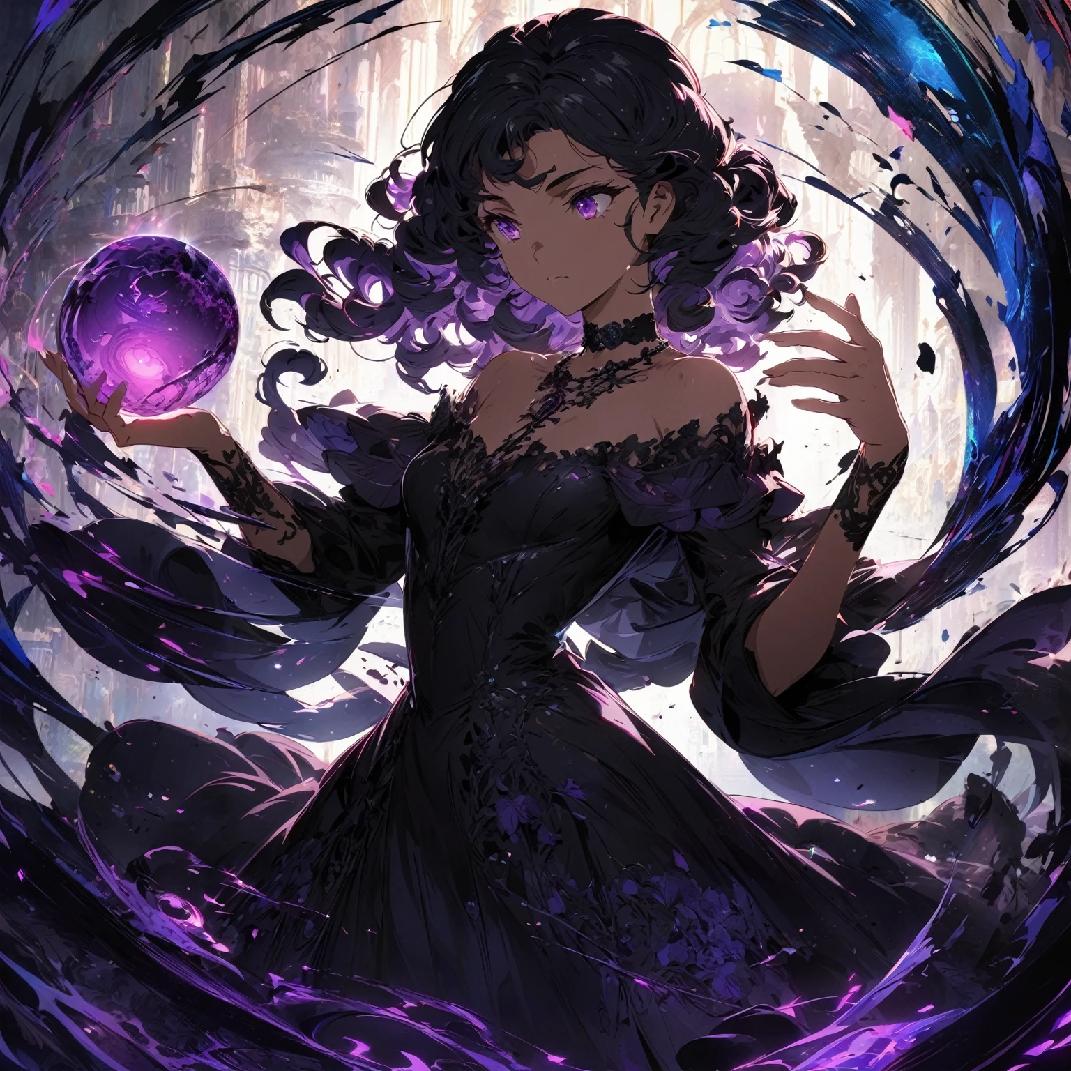 A young woman with dark, curly hair, wearing a black, off-shoulder dress with lace and intricate details, (nude:0.9), a choker necklace, standing in a mysterious environment with a glowing, swirling purple and black aura, holding a glowing purple orb in her left hand, with energy swirling around her, casting dramatic shadows, and a soft backlight illuminating her figure, detailed gorgeous face| anime style| key visual| intricate detail| highly detailed| breathtaking| vibrant| panoramic| cinematic| Carne Griffiths| Conrad Roset| gibbli 8k