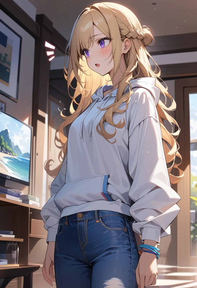 masterpiece, best quality, extremely detailed, ultra detailed, flat anime, 2D,
1girl, (young adult:1.2),blonde hair, (semi-long hair:1.2), curly hair, french braid, medium breasts, purple eyes, tsurime, height 1.7meters, 
white hooded sweatshirt, jeans,bracelet, long sleeves,socks,
open mouth,notice,looking away,
upper body, (dynamic:1.2),
summer, livingroom, 12AM., standing