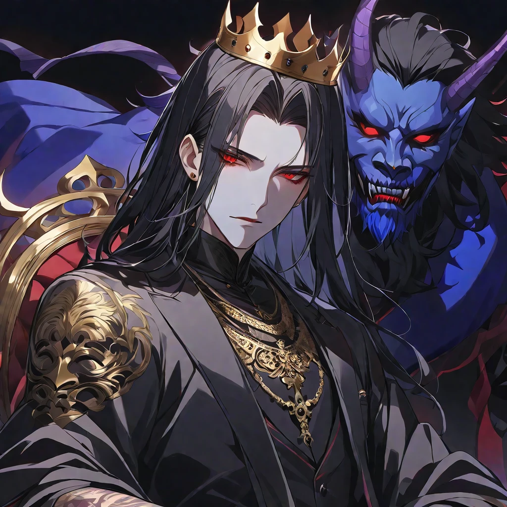 alone,good looking, 
1. male,
bangs,Straight hair,Bob Hair,
Black Hair, 
Satoru Gojo ,noble,
Red eyes,
beautiful,Sexy,darkness,Gold Necklace,
Black suit ,King,crown,Slender,Blue Rose Tattoo,
Black Background ,High resolution, sit,Darkness,devil,Black light,iconSolo, Close-up windy hair, Side braids, 