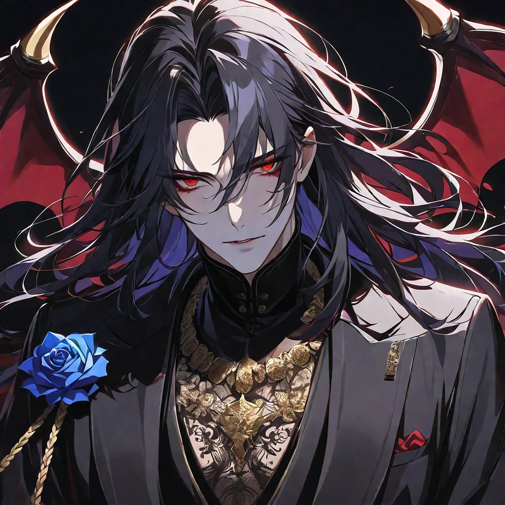 alone,good looking,
1. male,
bangs,Straight hair,Bob Hair,
Black Hair,
Satoru Gojo ,noble,
Red eyes,
beautiful,Sexy,darkness,Gold Necklace,
Black suit ,King,crown,Slender,Blue Rose Tattoo,
Black Background ,High resolution, sit,Darkness,devil,Black light,iconSolo, Close-up windy hair, Side braids,