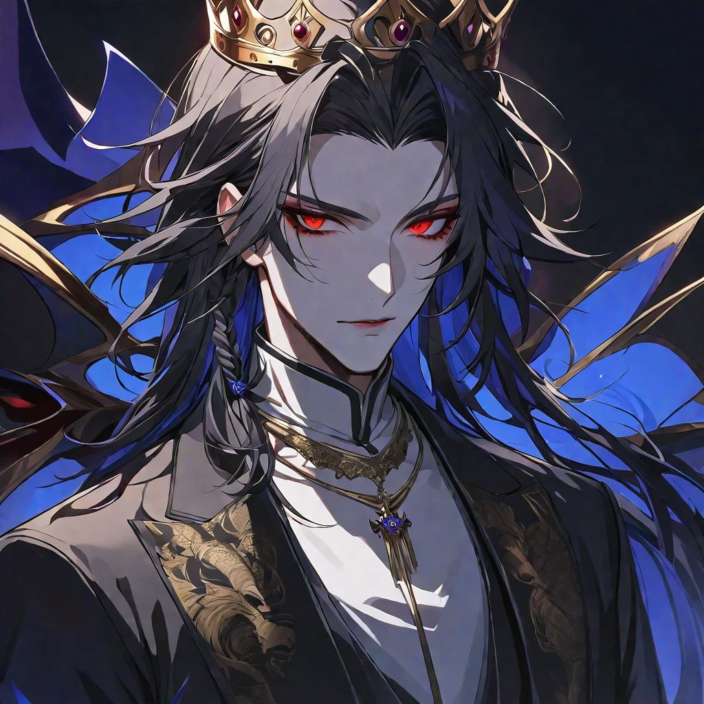 alone,good looking,
1. male,
bangs,Straight hair,Bob Hair,
Black Hair,
Satoru Gojo ,noble,
Red eyes,
beautiful,Sexy,darkness,Gold Necklace,
Black suit ,King,crown,Slender,Blue Rose Tattoo,
Black Background ,High resolution, sit,Darkness,devil,Black light,iconSolo, Close-up windy hair, Side braids,