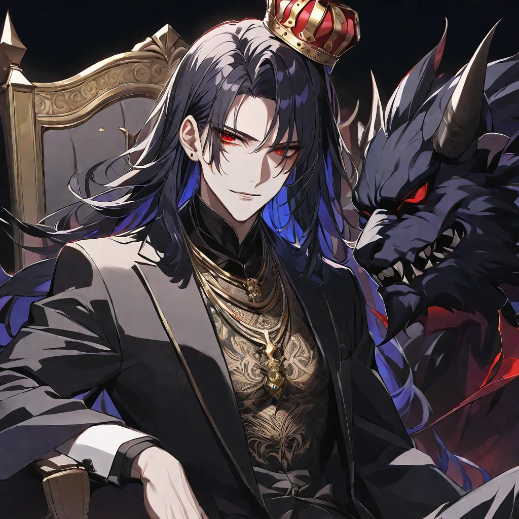 alone,good looking,
1. male,
bangs,Straight hair,Bob Hair,
Black Hair,
Satoru Gojo ,noble,
Red eyes,
beautiful,Sexy,darkness,Gold Necklace,
Black suit ,King,crown,Slender,Blue Rose Tattoo,
Black Background ,High resolution, sit,Darkness,devil,Black light,iconSolo, Close-up windy hair, Side braids,
