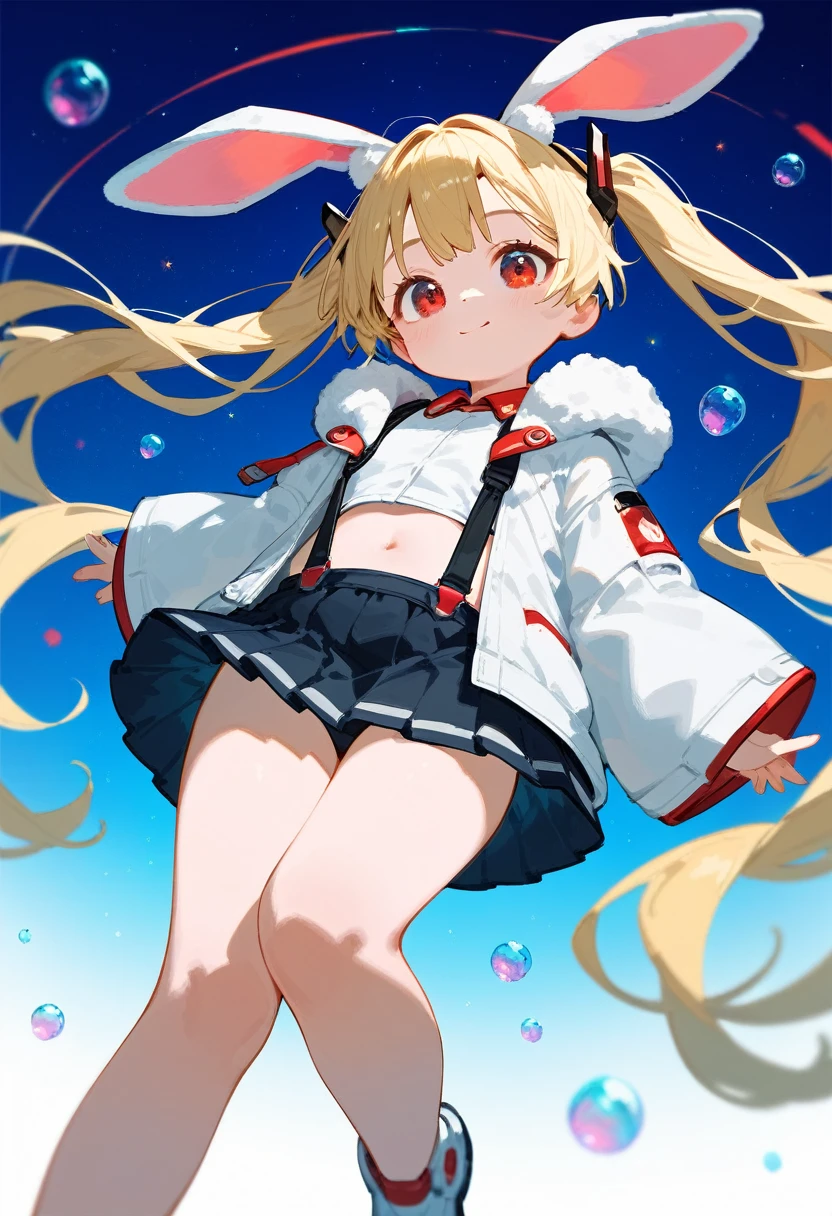 1girl,_girl,littlecute_loli,ruby, blonde hair, twintails, bangs, red eyes, very long hair, crystal bunny ears, futuristic rabbit ears, wide sleeves, very short jacket, open jacket, white jacket, suspenders, futuristic outfit, bubbles, a space background in the background, 1girl, solo, skirt, blonde hair, long hair, navel, very long hair, white background, pleated skirt, long sleeves, cute, dynamic angle, cheerful