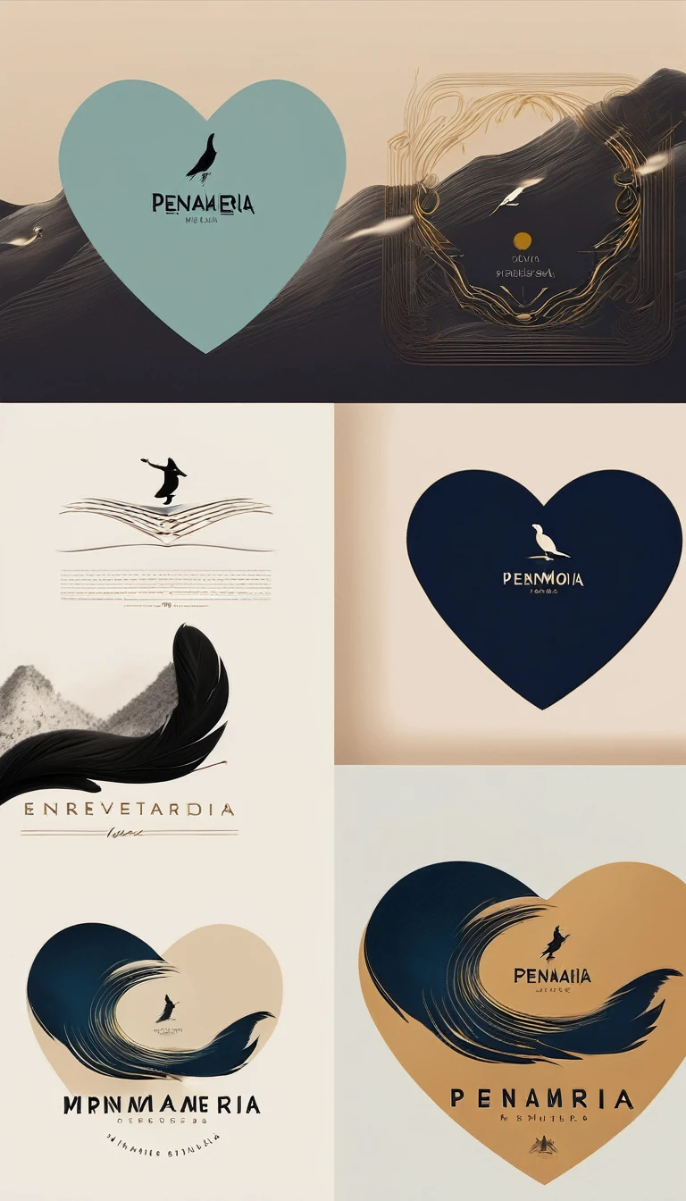 A minimal, modern, simple, cinematic, minimalistic logo design for the brand “Penamemoria". The logo design must be a simple, magical feather and a boy running and holding an acoustic guitar. The logo must convey a sense of music, stories and dreams. Logo design impressed on a book cover. Minimalistic logo
