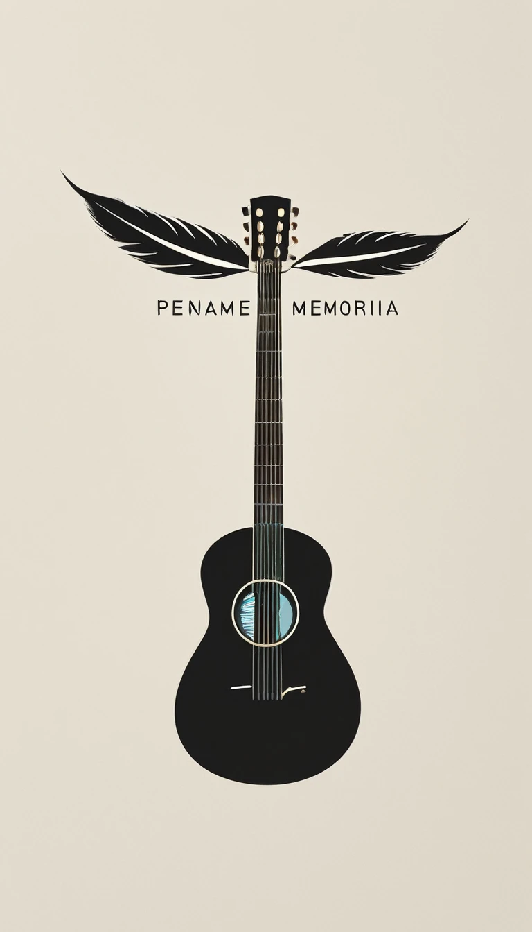 A minimal, modern, simple, cinematic, minimalistic logo design for the brand “Penamemoria". The logo design must be a simple, magical feather and a boy running and holding an acoustic guitar. The logo must convey a sense of music, stories and dreams. Logo design impressed on a book cover. Minimalistic logo
