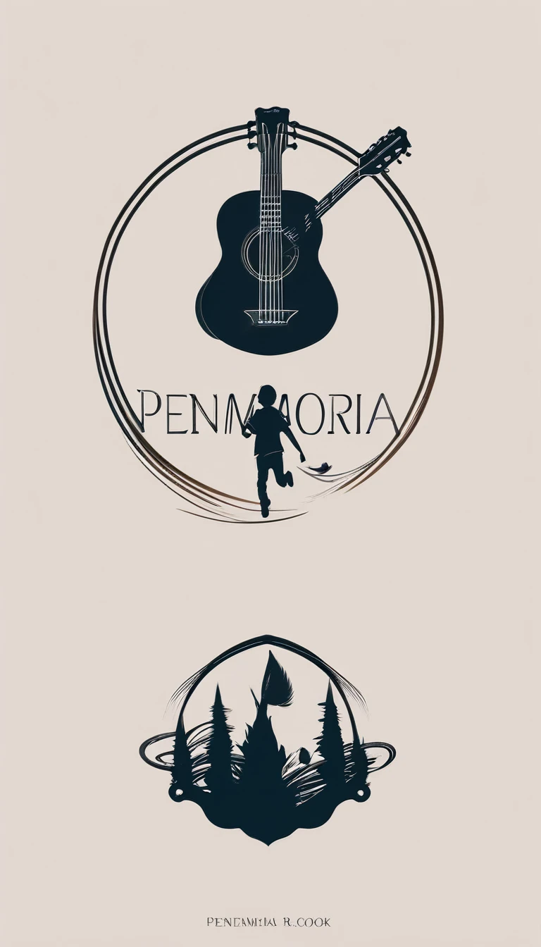 A minimal, modern, simple, cinematic, minimalistic logo design for the brand “Penamemoria". The logo design must be a simple, magical feather and a boy running and holding an acoustic guitar. The logo must convey a sense of music, stories and dreams. Logo design impressed on a book cover. Minimalistic logo