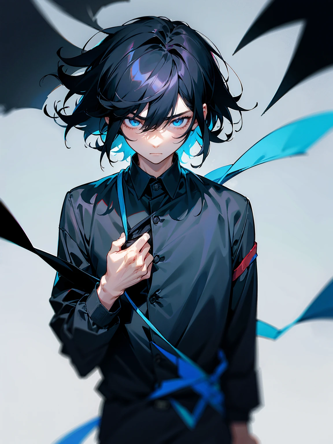 1male, black hair, medium hair, tied to the back, black shirt, dark blue jacket, tired expression 