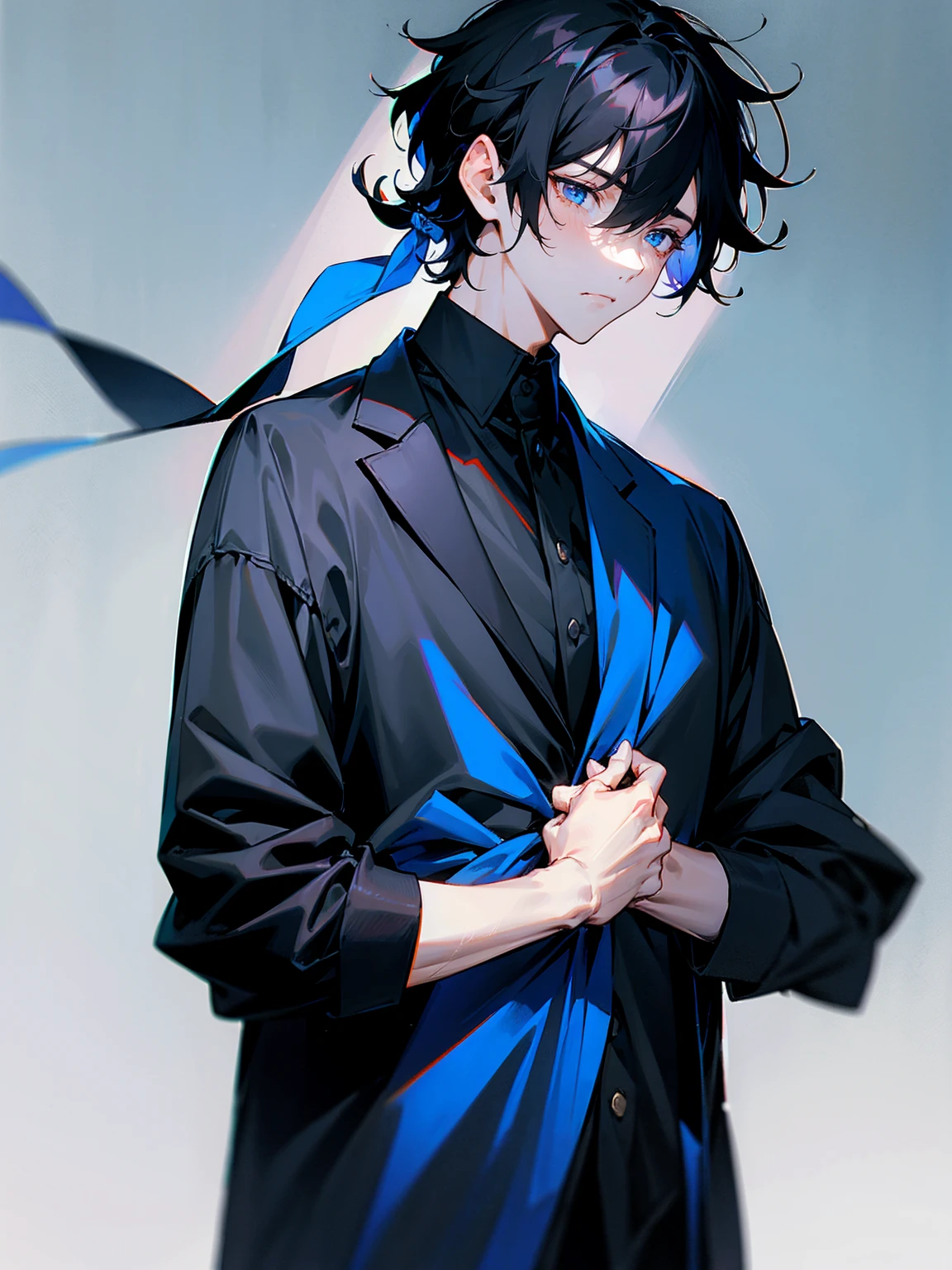 1male, black hair, medium hair, tied to the back, black shirt, dark blue jacket, tired expression
