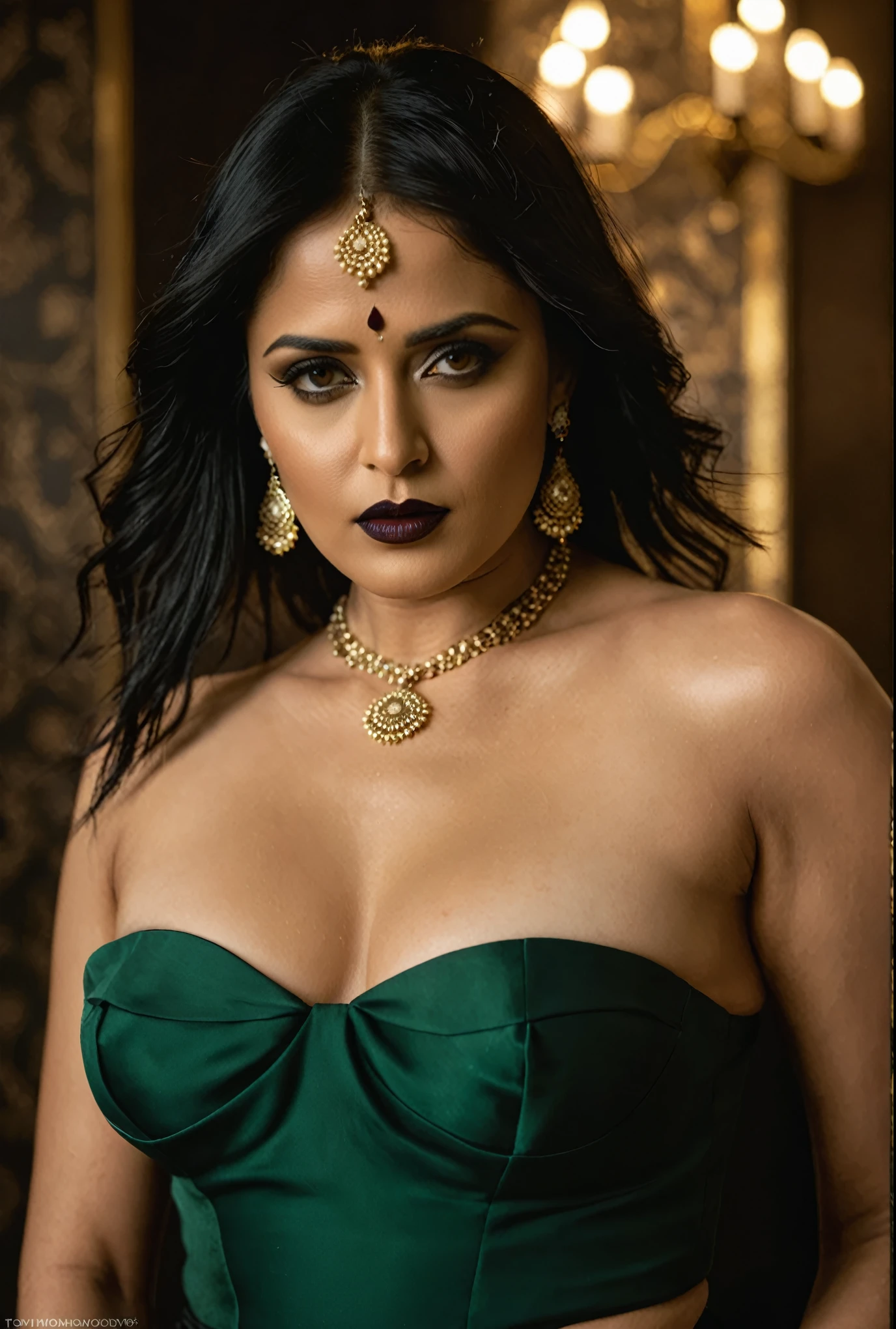 Looks like Anushka Shetty, sexiest milf, true milf, milf goddes, smokin' hot, mature lady, 50 years old Woman, sweat, sexy outfit, thick figure, bulky figure, ((Master piece, very realistic, best quality, highly detailed, Frontal view, DELICATE, PORTRAIT, WOMAN 36yo, AESTHETIC)) shallow depth of field, realism, photography, good proportions, narrow depth of field, tilt shift look, bokeh, anamorphic look, cinematic, dark and moody, ((a pale white complexion MODE with short WHITE color hair and bangs and smokey eye makeup, BLACK lips)), sweating body, wet skin, wearing black fashion designed by Rick Owens, a dark photograph by Tim Walker and Tom Hoops and Matt Mahurin, a dark liminal space, a desolate seedy hotel room with peeling wallpaper and black painted walls, symbolism, primordial fluids, uneasy feeling, dark occult imagery, melancholic ((very aesthetic))