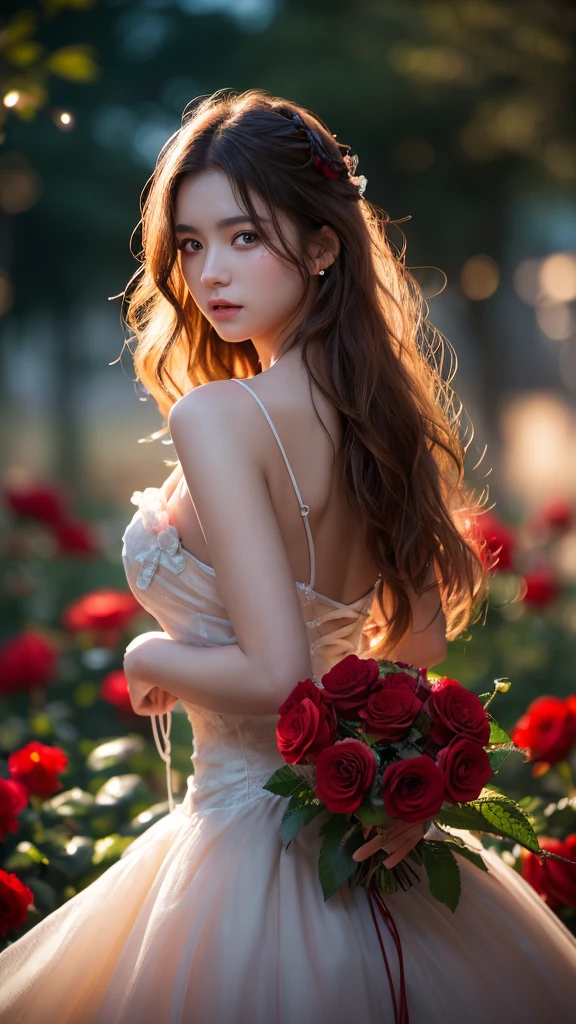 amazingly realistic, High resolution 8K photo of a beautiful 20 year old woman, ((messy side wave long hair)), And a glamorous person, (우아한 dress:1.2), dramatic lighting, masterpiece, Immersive atmosphere, chiaroscuro:(1.5, bright light:1.2, shining lights), (blur background:1.5), haziness, best quality, realistic, very detailed, HDR, Physically Based Rendering, studio lighting, vivid colors, bokeh, (real skin texture:1.3), high contrast, (Fuji Color:1.5), film grain, girl in the rose garden,  dress, (Red flower mess in the background..:1.3), Fascinating detailed red eyes and face, dynamic lighting, in the dark, deep shadows, low key, cowboy shot, 