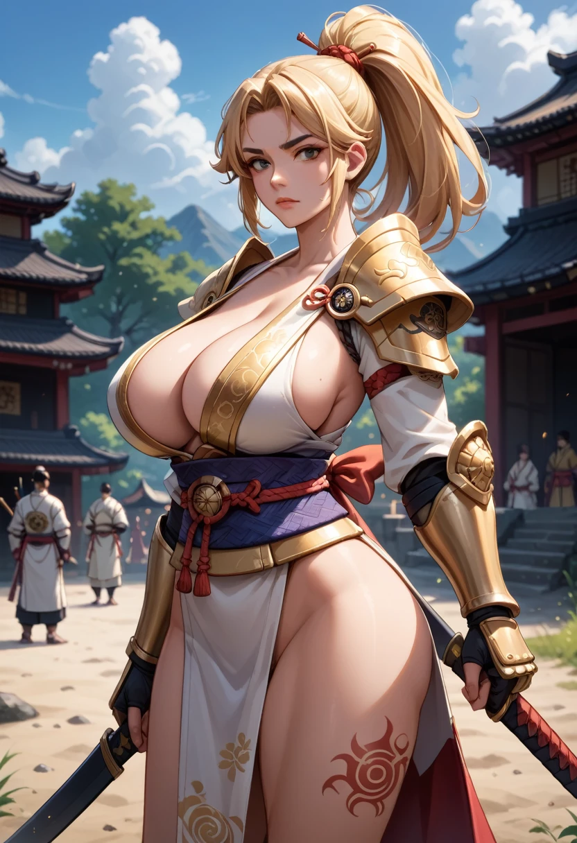 score_9, score_8_up, score_7_up, score_6_up, score_5_up, score_4_up,samurai woman in gold-white armor standing in a battlefield,huge breasts, golden white armor,ponytail,japanese,fantasy,solo focus,epic,tattoos