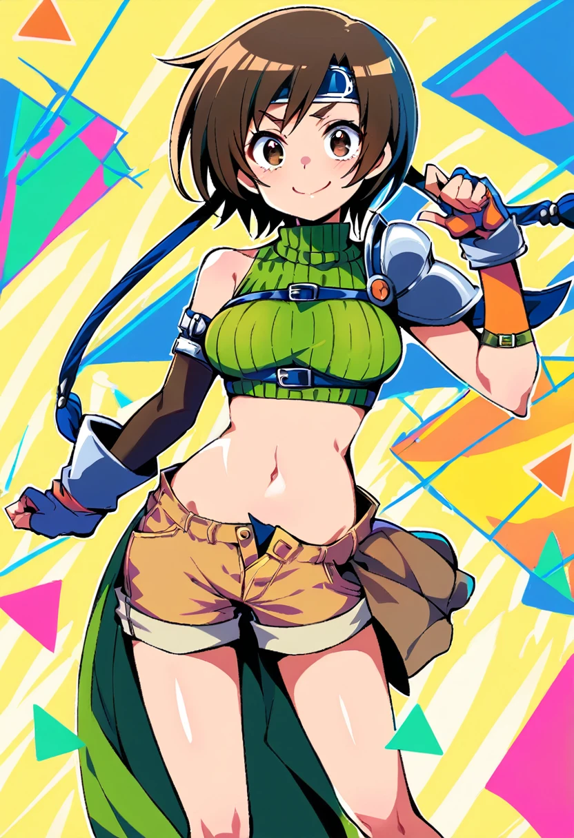 score_9, score_8_up, score_7_up,,BREAK , dynamicangle.,mediumshot,(Standing pose),soro focus,1girl, yuffie kisaragi, final fantasy, short hair,headband,navel,sleeveless,turtleneck,brown eyes,sleeveless turtleneck,solo,breasts,looking at viewer,smile,gloves,crop top,brown hair,shorts,midriff,,sweater,open fly,armor,fingerless gloves,ribbed sweater,medium breasts,,smile,smug,best quality,aesthetic,very aesthetic,masterpiece,high-resolution,  (Proportion).