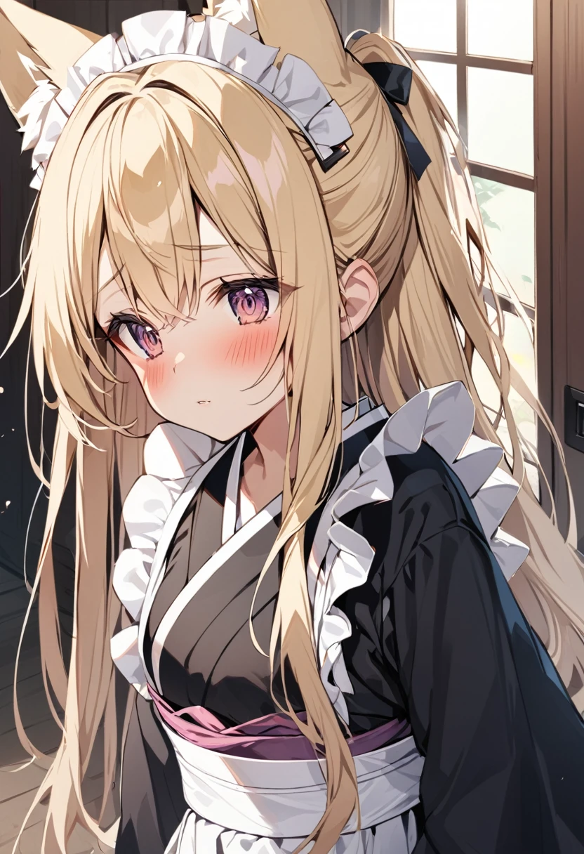 One girl, correct, Animal ears, Blonde, Fox Ears, Long Hair, blush, alone, kimono, Maid&#39;s Headdress, Yellow Eyes, White Background, Hair between the eyes, Young Girl,Shiny,Shiny skin,fox-hirume,An unparalleled masterpiece, One girl,キツネのYoung Girl,Fox Ears,Blonde,narrow,correct,kimono,kimono,Shrine maiden,Ofuda, (Very small breasts:1.2), ,Multiple tails,Yellow Eyes, night, A big smile,