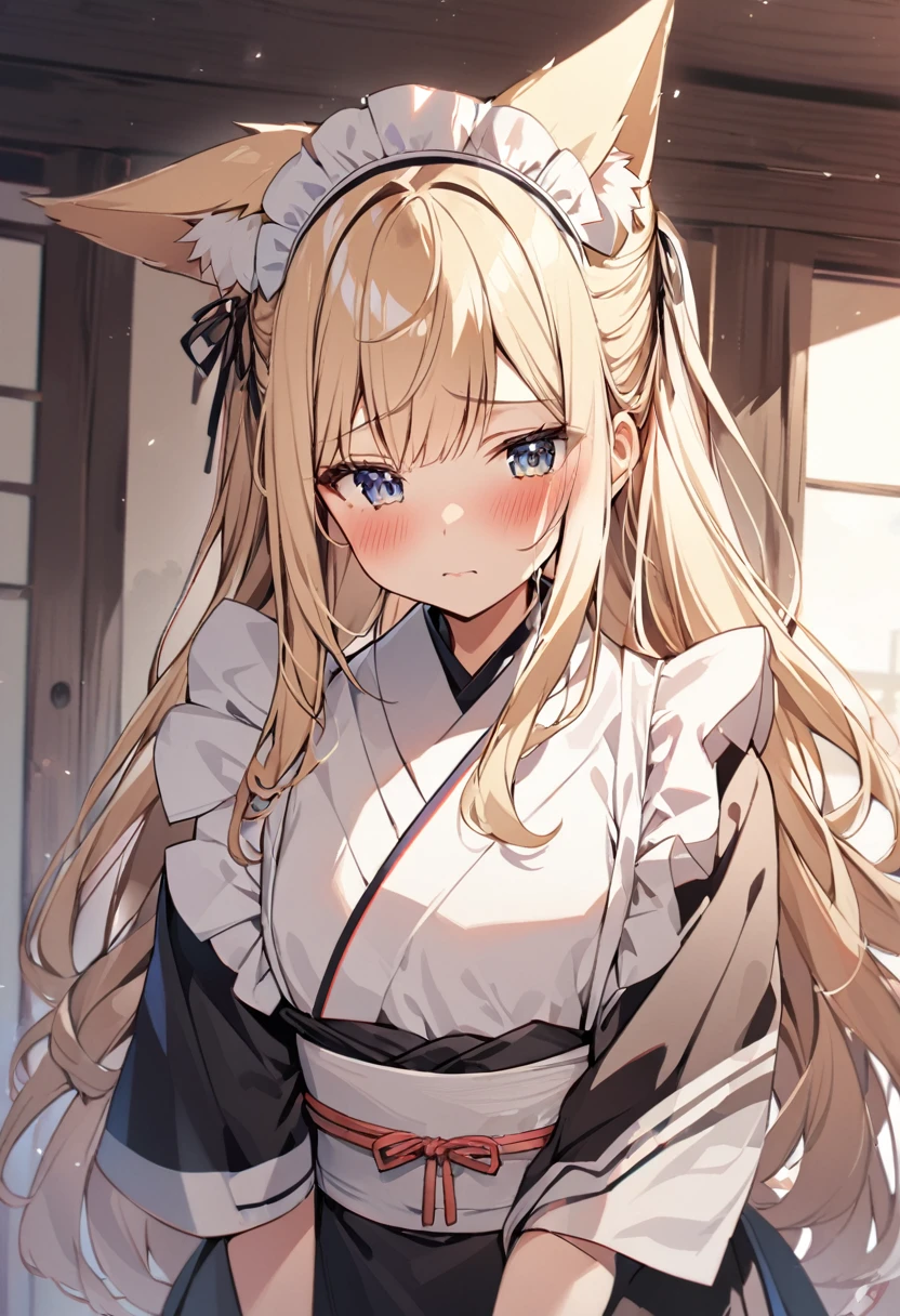 One girl, correct, Animal ears, Blonde, Fox Ears, Long Hair, blush, alone, kimono, Maid&#39;s Headdress, Yellow Eyes, White Background, Hair between the eyes, Young Girl,Shiny,Shiny skin,fox-hirume,An unparalleled masterpiece, One girl,キツネのYoung Girl,Fox Ears,Blonde,narrow,correct,kimono,kimono,Shrine maiden,Ofuda, (Very small breasts:1.2), ,Multiple tails,Yellow Eyes, night, A big smile,